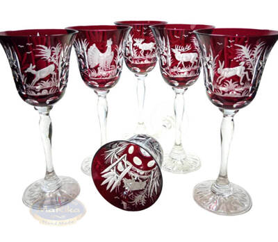 Crystal ruby wine glasses with engraved hunting motif 170 ml