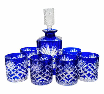 Kobaltowy zestaw do Whisky karafka i szklanki Ananas