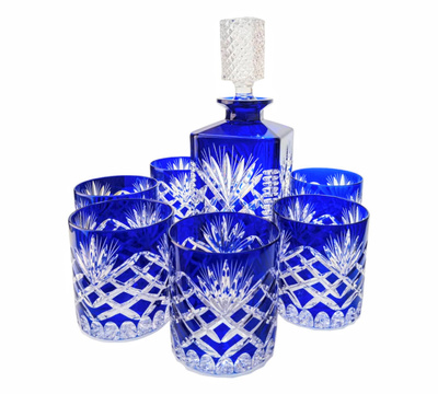 Kobaltowy zestaw do Whisky karafka i szklanki Ananas