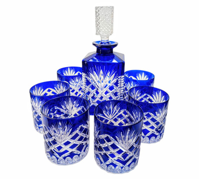 Kobaltowy zestaw do Whisky karafka i szklanki Ananas