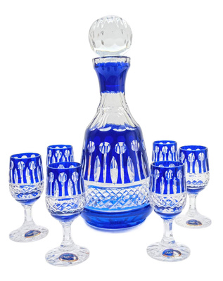 Kobaltowy kryształowy zestaw  Kieliszków  z Karafką  Francuski 6+1