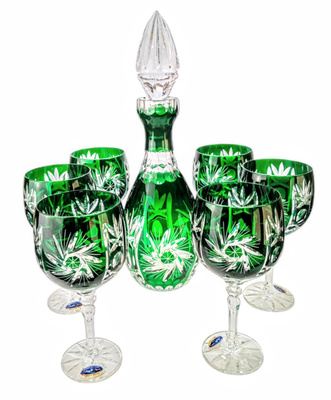 Szmaragdowy kryształowy zestaw do Wina Młynek Oliwka 6+1