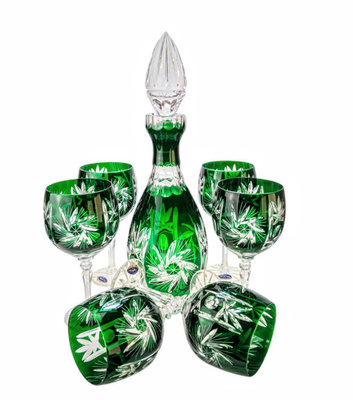 Szmaragdowy kryształowy zestaw do Wina Młynek Oliwka 6+1